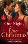 "One Night, One Christmas" in goldener Schrift, romantisches Paar in festlichem Ambiente, funkelnde Lichter im Hintergrund.
