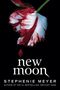 Text "new moon" und "Stephenie Meyer" vor schwarzem Hintergrund. Illustration einer roten Tulpe mit weißen Akzenten.