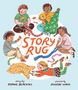 Text: "STORY RUG". Kinder stricken und weben farbige Stoffe, umgeben von Garn, Scheren und einem Teppich. , Buch