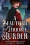 „A Beautiful and Terrible Murder“ von Claire M. Andrews. Eine Frau in rot vor einer dunklen, städtischen Kulisse.
