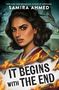 Text: "IT BEGINS WITH THE END". Frau mit dunklen Haaren, ernster Ausdruck, Flammenmotiv, Eiffelturm im Hintergrund., Buch