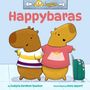 "Happybaras" steht in großer roter Schrift. Zwei fröhliche Capybaras in bunten Shirts mit einem Koffer auf Rädern.