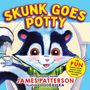 "SKUNK GOES POTTY" oben in Gelb und Rot, Cartoon-Stinktier mit fröhlichem Gesicht, grünes Hemd, blauem Hintergrund., Buch