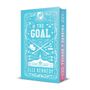Blaues Buchcover, Text: "The Goal", "Elle Kennedy", "Off-Campus #4". Symbole: Cowboyhut, Hockeyschläger, Bär, Justizwaage., Buch