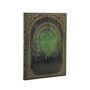 Ein kunstvoller Einband mit elbischer Schrift, einem grünen Kartendesign von "The Shire" und Silhouetten von Figuren unten., Buch