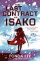 "The Last Contract of Isako" von Fonda Lee. Illustration einer Person im roten Mantel mit Schwert vor futuristischer Skyline., Buch