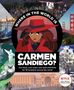 "WHERE IN THE WORLD IS CARMEN SANDIEGO?" Illustration der Frau in rotem Mantel und Hut, umgeben von globalen Sehenswürdigkeiten.