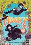 Titel "Hooky" in orange. Zwei Kinder in schwarzer Kleidung fliegen auf einem Besen, umgeben von Blumendetails.