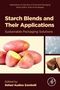 "Starch Blends and Their Applications: Sustainable Packaging Solutions" steht über Fotos von Kartoffeln und Verpackungen., Buch