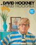 "David Hockney", "50th Anniversary Edition", gelbe Tulpen in blauer Vase, Mann mit Brille, gestreiftes Hemd., Buch