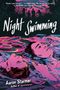 „Night Swimming“ von Aaron Starmer; zwei Menschen treiben im Wasser, in kräftigen Rosa- und Blautönen gezeichnet.