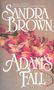 Text: "Sandra Brown, Adam's Fall." Rosa Orchideen liegen auf einem strukturierten, braunen Hintergrund.
