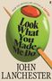 "Look What You Made Me Do" und "John Lanchester". Illustration einer grünen Olive mit rotem Paprika und Zahnstocher., Buch