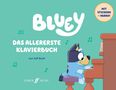 "Mit Stickern – Hurra! Bluey: Das allererste Klavierbuch von Joff Bush. Illustration: Hund spielt Klavier.", Noten