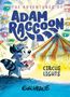"The Adventures of Adam Raccoon" in großen, bunten Buchstaben, mit einem Hintergrund, der an einen Jahrmarkt erinnert., Buch