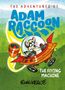 "The Adventures of Adam Raccoon" in blauer Schrift. Illustration eines Waschbären mit einem bunten, strahlenden Hintergrund., Buch