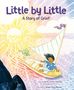 Text: "Little by Little: A Story of Grief." Illustration: Ein Kind in einem Segelboot bei Sonnenuntergang., Buch
