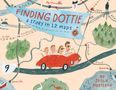 "Finding Dottie: a story in 12 maps" steht im Zentrum auf einem Banner. Illustration von einer Familie im Auto auf einer Landkarte.