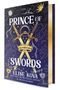 "Book 2: Prince of Swords" von Elise Kova. Zwei Schwerter, Krone, Sonne, Mond, Blitze auf dunklem Hintergrund.
