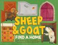 "SHEEP & GOAT FIND A HOME" in großen gelben Buchstaben, darunter Tiere und bunte Türen.