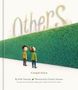 Text: "Others" und "A story for all of us." Zwei Jungen schauen auf eine hohe grüne Hecke. Kinderbuchillustration., Buch