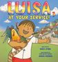 "LUISA, AT YOUR SERVICE!" Eine fröhliche Figur in Rot trägt einen Hahn. Häuser und Palmen im Hintergrund., Buch