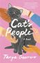 "Cat's People. A Novel. Tanya Guerrero." Illustration einer schwarzen Katze, umgeben von bunten Händen auf pinkem Hintergrund.