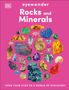 "Rocks and Minerals", "OPEN YOUR EYES TO A WORLD OF DISCOVERY", viele bunte Steine auf pinkem Hintergrund.