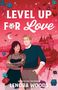 "Level Up for Love" von Lenora Woods. Ein stilisiertes Paar vor einem Schloss mit Würfeln, Fledermäusen und einem Schwert., Buch