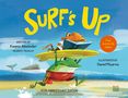 „Surf’s Up“ groß in Gelb. Frösche surfen mit Buch und Brett am Strand, Wal im Wasser. 10th Anniversary Edition., Buch
