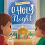 Text: "Hymns for Little Ones", "O Holy Night". Zwei Kinder schauen auf eine Krippe vor einem Fenster mit Schnee., Buch