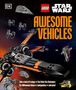"AWESOME VEHICLES" in großen orangenen Buchstaben, LEGO Star Wars Raumschiffe auf einem Weltraum-Hintergrund.