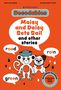 „Maisy and Daisy Sets Sail and other stories“. Ein Affe und ein Hund mit Sprechblasen „road“, „rain“, „green“. Orange Hintergrund., Buch