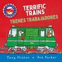 Texte: TERRIFIC TRAINS, TRENES TRABAJADORES. Illustration: Grüner Zug mit Tieren als Fahrer auf rotem Hintergrund., Buch