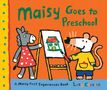 "Maisy Goes to Preschool" in grüner Schrift. Zwei Tiere malen ein Haus auf einer Staffelei. Bunte, kindliche Illustration.