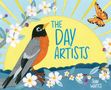 Der Text: "The Day Artists" und "Joan Waites". Illustration mit Vogel, Blumen und Schmetterling vor gelber Sonne., Buch