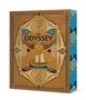 Text: "THE ODYSSEY, HOMER." Ein kunstvolles, vintage-braunes Buchcover mit blauen Akzenten und einem stilisierten Schiff., Buch