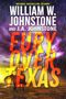 "Fury Over Texas" von William W. Johnstone und J.A. Johnstone in Blitz und Regen mit Cowboy auf Pferd.