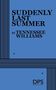 Text: "Suddenly Last Summer" von Tennessee Williams. Design mit schwarzen Linien auf blauem Hintergrund, Sterne als Detail.