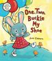 Text: „One, Two, Buckle My Shoe“, „Jane Cabrera“. Illustration: Hase mit Ballons, Vögel auf einem Hügel.