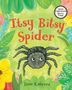 Text: "Itsy Bitsy Spider", "Jane Cabrera", "Jane Cabrera's Story Time". 
Illustration: Fröhliche Spinne und bunte Blumen.