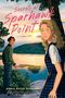 "Secrets at Sparhawk Point" von Anna Rose Johnson. Ein Mädchen und ein Junge stehen vor einem See bei Sonnenuntergang., Buch