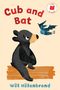 "**Cub and Bat** - Will Hillenbrand." Ein Bärenjunges sitzt auf einem Holzstamm, während eine Fledermaus fliegt.