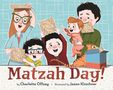 „Matzah Day!“ von Charlotte Offsay und Jason Kirschner. Illustration: Familie hält Matzebrot, Katze schaut aus Karton.