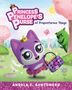 "Princess Penelope's Purse of Preposterous Things" oben. Ein lila Kätzchen mit Krone und Tasche in einer bunten Landschaft., Buch