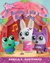 Text: "Bunny Lala's Big Song." Illustration von drei niedlichen, bunten Figuren vor einer Bühne., Buch