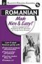 Text: "ROMANIAN Made Nice & Easy!" und eine Liste mit Lerninhalten. Schwarz-weiße Illustration einer Statue und Gebäude.