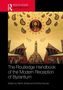 "The Routledge Handbook of the Modern Reception of Byzantium" steht in Weiß auf Schwarz. Illustration: Byzantinische Szenen mit zentralem Heiligem., Buch