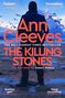 Titel: "Ann Cleeves - The Killing Stones". Hintergrund: Person am Strand mit fliegenden Möwen., Buch