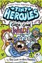 Eine Comic-Titelillustration mit "Tiny Hercules: Gods Gone Wild!". Ein Kind, ein überrascht schauendes Mädchen und ein fröhlicher Junge mit blauem Haar., Buch